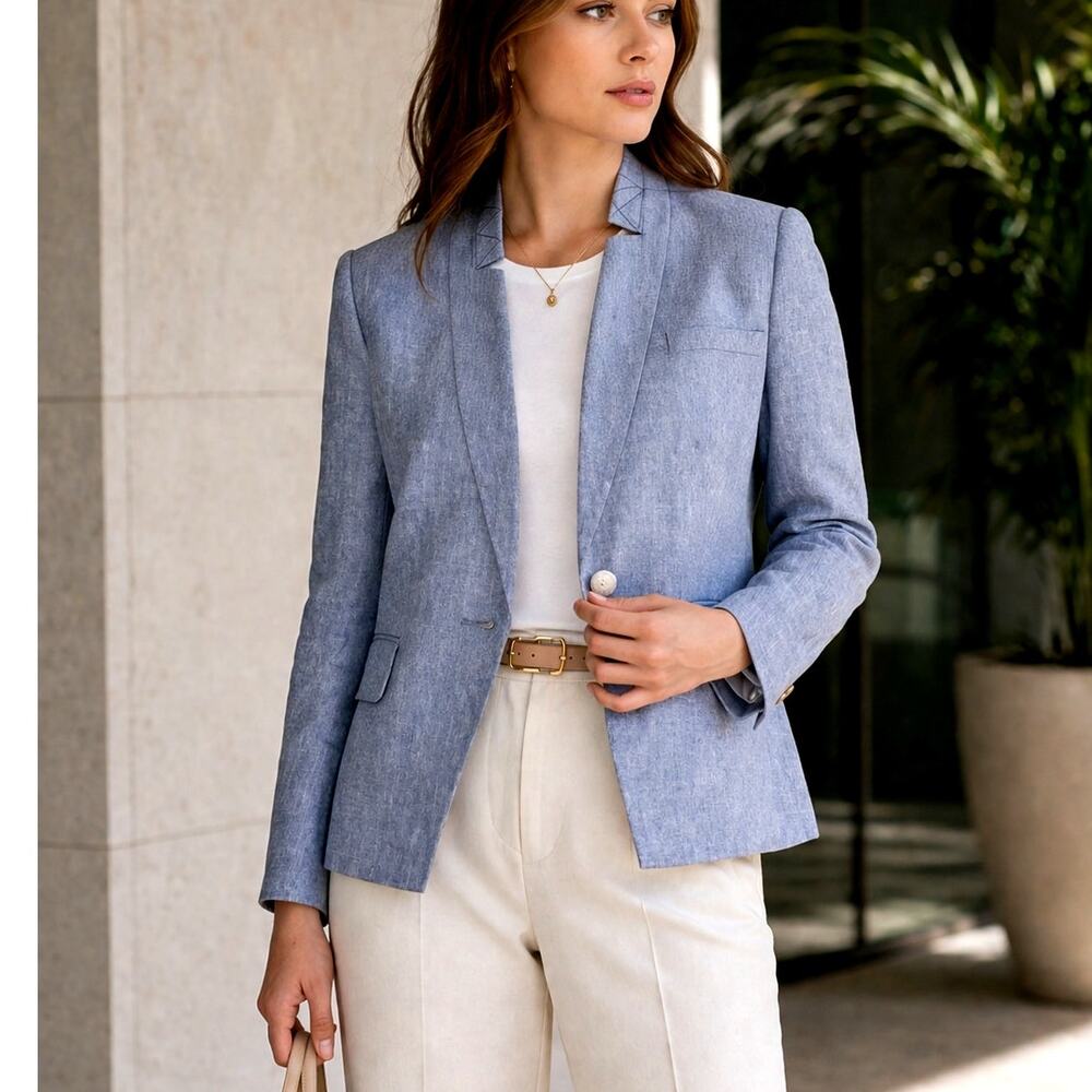 Veronica Beard 8 Farley Linen Dickey Jacket $650 Upturned Collar Blazer Blue NWT